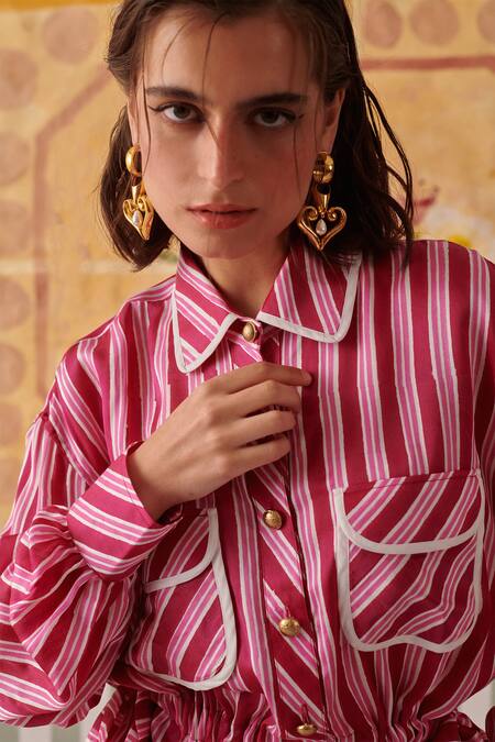 Shop_Khajoor Studio_Pink Modal Piping Collared Hand Block Print Relaxed Fit Shirt _Online_at_Aza_Fashions