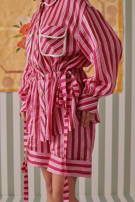 Khajoor Studio_Pink Modal Piping Collared Hand Block Print Relaxed Fit Shirt _at_Aza_Fashions