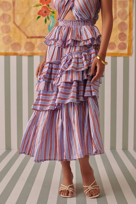 Khajoor Studio_Red Modal Ruffles Halter Neck Hand Block Print Midi Dress _Online_at_Aza_Fashions