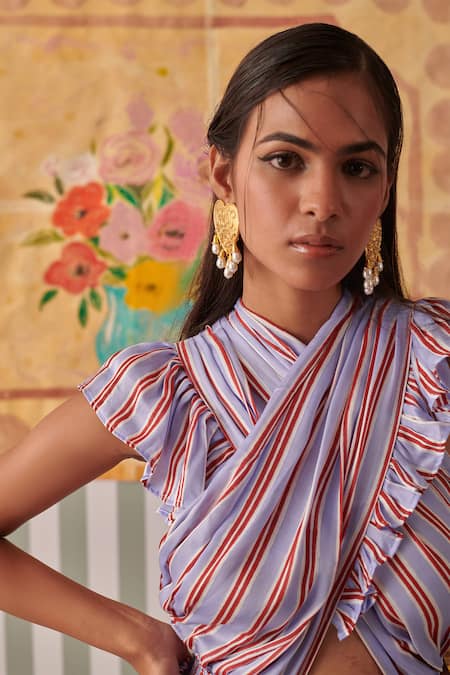 Buy_Khajoor Studio_Red Modal Ruffles Halter Neck Hand Block Print Midi Dress _Online_at_Aza_Fashions