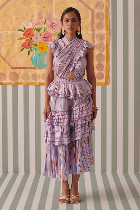 Shop_Khajoor Studio_Red Modal Ruffles Halter Neck Hand Block Print Midi Dress _Online_at_Aza_Fashions