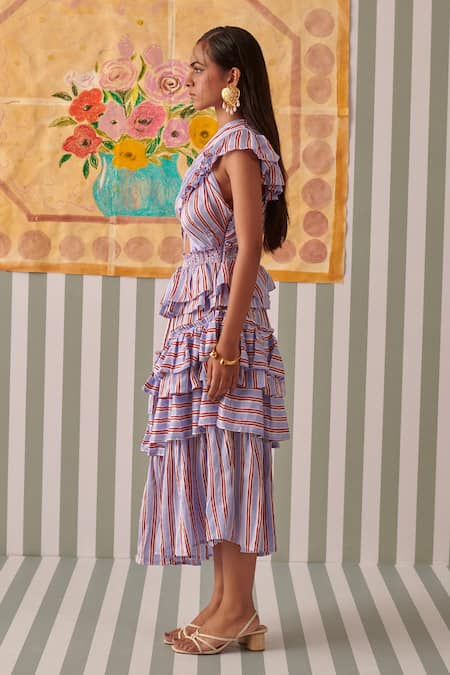 Khajoor Studio_Red Modal Ruffles Halter Neck Hand Block Print Midi Dress _at_Aza_Fashions