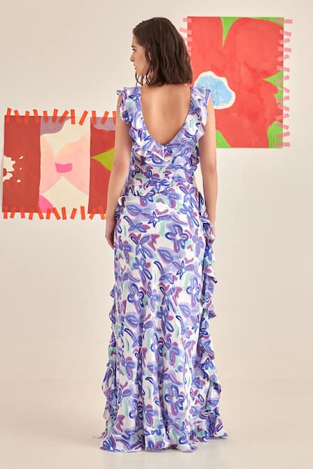 Khajoor Studio Abstract Gardenia Print Ruffle Maxi Dress 