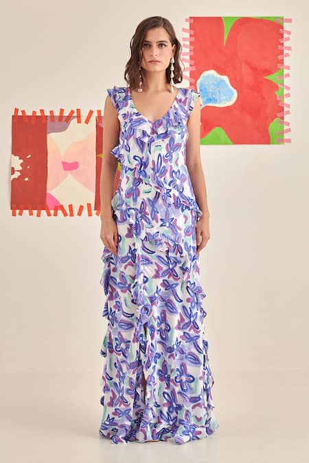 Khajoor Studio Blue Modal Ruffles V-neck Abstract Gardenia Print Maxi Dress Online at Aza Fashions Khajoor Studio_Blue Modal Ruffles V-neck Abstract Gardenia Print Maxi Dress _Online_at_Aza_Fashions