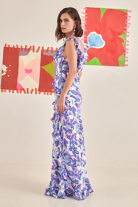 Buy Khajoor Studio Blue Modal Ruffles V-neck Abstract Gardenia Print Maxi Dress Online at Aza Fashions Buy_Khajoor Studio_Blue Modal Ruffles V-neck Abstract Gardenia Print Maxi Dress _Online_at_Aza_Fashions