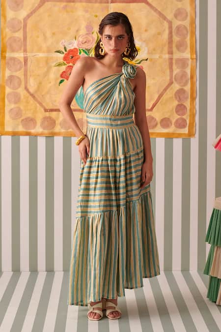 Khajoor Studio Evergreen Stripe Print Rose One Shoulder Dress 