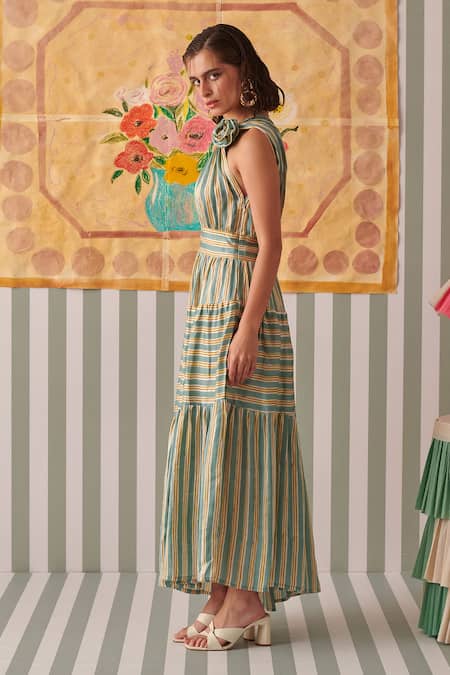 Khajoor Studio_Green Modal, Satin One Shoulder Stripe Print Maxi Dress_Online_at_Aza_Fashions