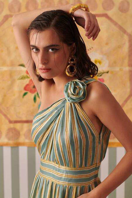 Shop_Khajoor Studio_Green Modal, Satin One Shoulder Stripe Print Maxi Dress_Online_at_Aza_Fashions