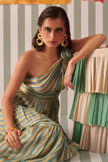 Khajoor Studio_Green Modal, Satin One Shoulder Stripe Print Maxi Dress_at_Aza_Fashions