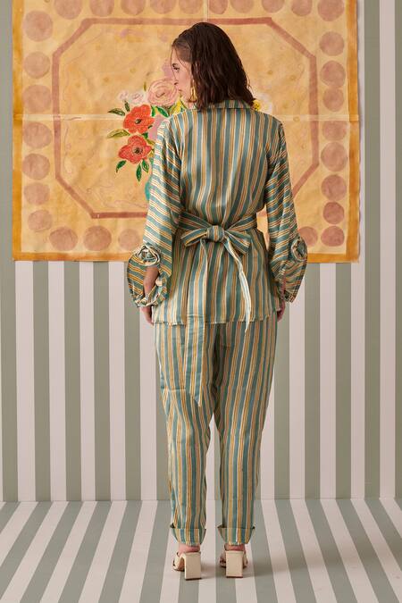 Shop Khajoor Studio Green Modal, Satin Stripe Print Blazer And Pant Set at Aza Fashions Shop_Khajoor Studio_Green Modal, Satin Stripe Print Blazer And Pant Set_at_Aza_Fashions