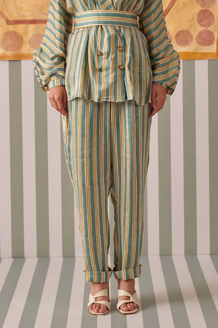 Khajoor Studio Green Modal, Satin Stripe Print Blazer And Pant Set Online at Aza Fashions Khajoor Studio_Green Modal, Satin Stripe Print Blazer And Pant Set_Online_at_Aza_Fashions