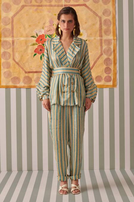 Buy Khajoor Studio Green Modal, Satin Stripe Print Blazer And Pant Set Online at Aza Fashions Buy_Khajoor Studio_Green Modal, Satin Stripe Print Blazer And Pant Set_Online_at_Aza_Fashions