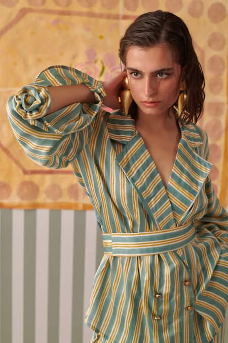 Shop Khajoor Studio Green Modal, Satin Stripe Print Blazer And Pant Set Online at Aza Fashions Shop_Khajoor Studio_Green Modal, Satin Stripe Print Blazer And Pant Set_Online_at_Aza_Fashions