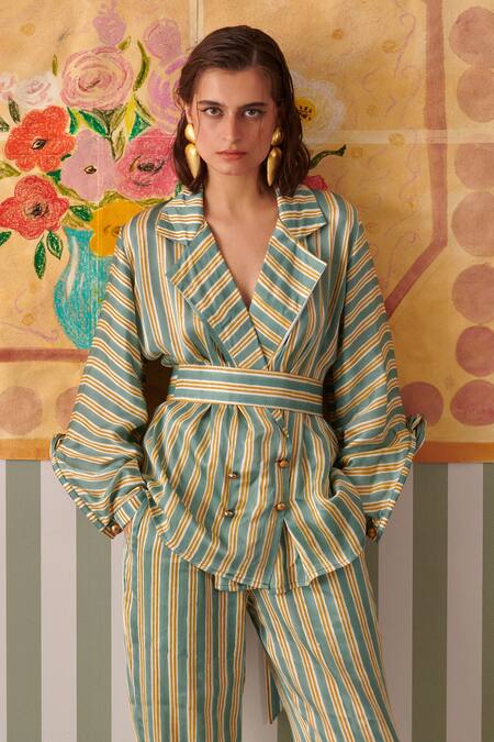 Buy Khajoor Studio Green Modal, Satin Stripe Print Blazer And Pant Set Buy_Khajoor Studio_Green Modal, Satin Stripe Print Blazer And Pant Set