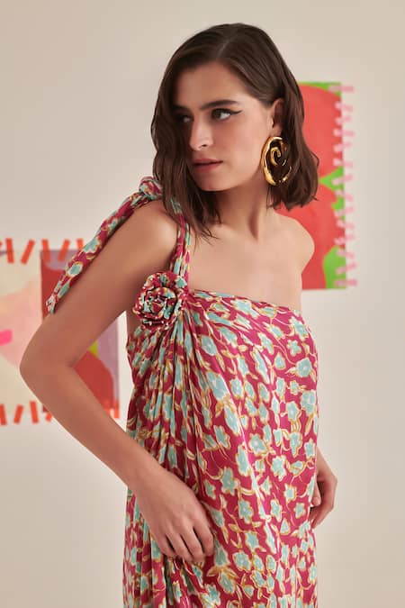 Shop_Khajoor Studio_Magenta Modal, Satin Pearls, Embroidery Floral Print Draped Tunic And Pant Set _Online_at_Aza_Fashions