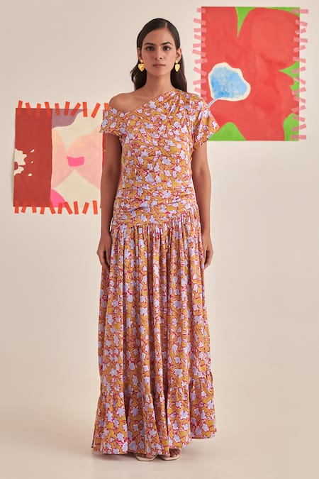 Khajoor Studio Floral Print Asymmetric Maxi Dress 