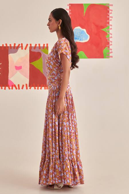 Khajoor Studio Yellow Modal Embroidery Asymmetric Floral Print Maxi Dress Online at Aza Fashions Khajoor Studio_Yellow Modal Embroidery Asymmetric Floral Print Maxi Dress _Online_at_Aza_Fashions