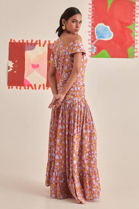 Buy Khajoor Studio Yellow Modal Embroidery Asymmetric Floral Print Maxi Dress Online at Aza Fashions Buy_Khajoor Studio_Yellow Modal Embroidery Asymmetric Floral Print Maxi Dress _Online_at_Aza_Fashions