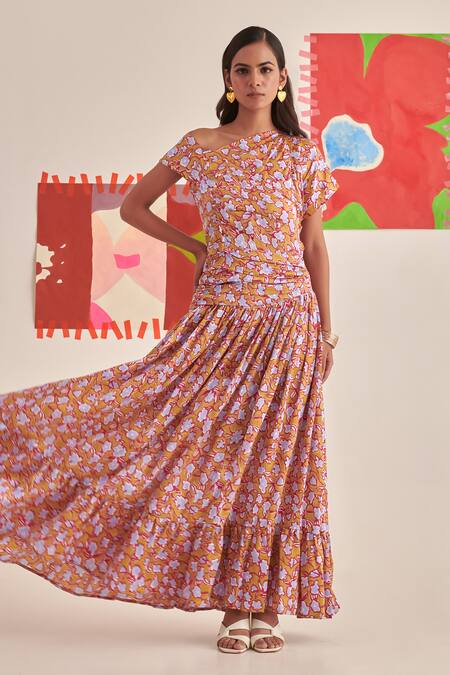 Shop Khajoor Studio Yellow Modal Embroidery Asymmetric Floral Print Maxi Dress Online at Aza Fashions Shop_Khajoor Studio_Yellow Modal Embroidery Asymmetric Floral Print Maxi Dress _Online_at_Aza_Fashions