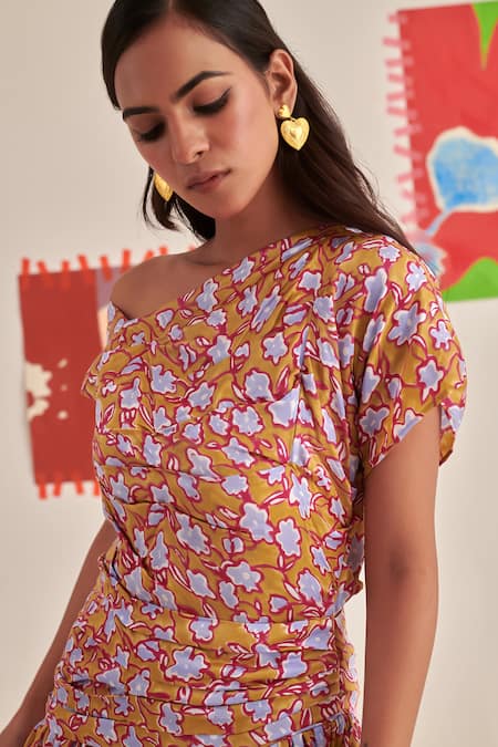 Khajoor Studio Yellow Modal Embroidery Asymmetric Floral Print Maxi Dress at Aza Fashions Khajoor Studio_Yellow Modal Embroidery Asymmetric Floral Print Maxi Dress _at_Aza_Fashions