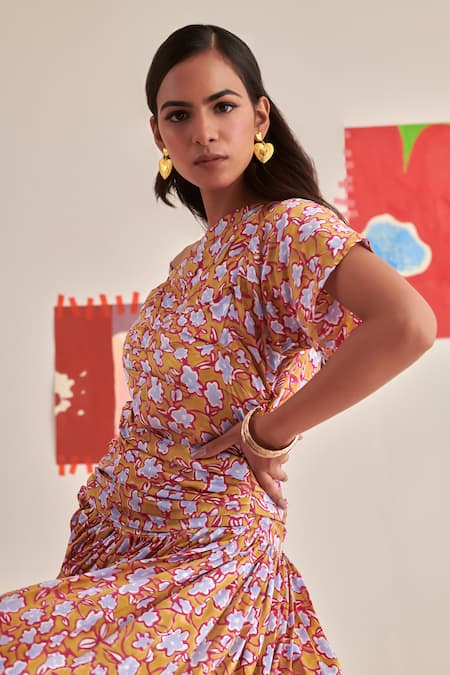 Buy Khajoor Studio Yellow Modal Embroidery Asymmetric Floral Print Maxi Dress Buy_Khajoor Studio_Yellow Modal Embroidery Asymmetric Floral Print Maxi Dress