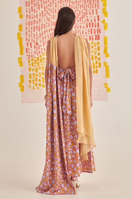 Khajoor Studio Mustard Floral Print Slip Dress 