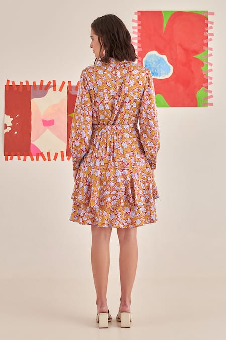 Khajoor Studio Mustard Floral Print Ruffle Tiered Dress 