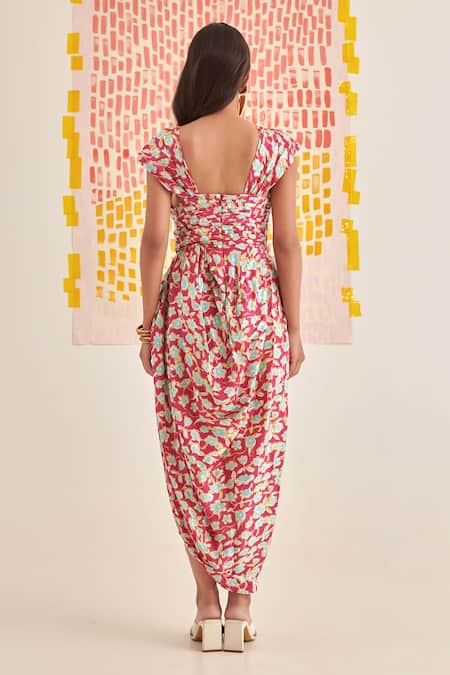 Khajoor Studio Floral Print Draped Maxi Dress 