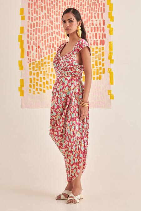 Khajoor Studio Magenta Modal, Satin Embroidery Sweetheart Neck Floral Print Draped Maxi Dress Online at Aza Fashions Khajoor Studio_Magenta Modal, Satin Embroidery Sweetheart Neck Floral Print Draped Maxi Dress _Online_at_Aza_Fashions