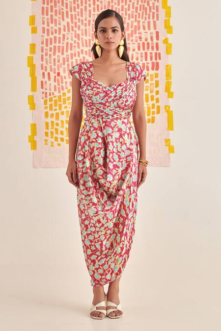 Buy Khajoor Studio Magenta Modal, Satin Embroidery Sweetheart Neck Floral Print Draped Maxi Dress Online at Aza Fashions Buy_Khajoor Studio_Magenta Modal, Satin Embroidery Sweetheart Neck Floral Print Draped Maxi Dress _Online_at_Aza_Fashions