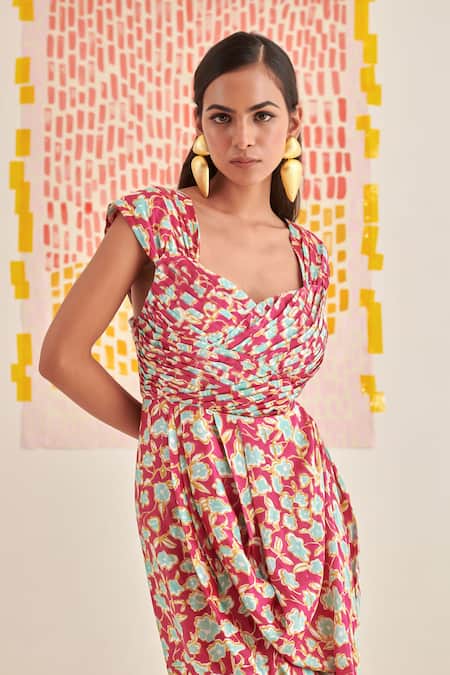 Shop Khajoor Studio Magenta Modal, Satin Embroidery Sweetheart Neck Floral Print Draped Maxi Dress Online at Aza Fashions Shop_Khajoor Studio_Magenta Modal, Satin Embroidery Sweetheart Neck Floral Print Draped Maxi Dress _Online_at_Aza_Fashions