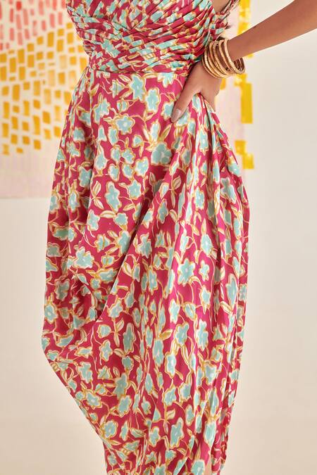 Khajoor Studio Magenta Modal, Satin Embroidery Sweetheart Neck Floral Print Draped Maxi Dress at Aza Fashions Khajoor Studio_Magenta Modal, Satin Embroidery Sweetheart Neck Floral Print Draped Maxi Dress _at_Aza_Fashions