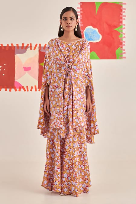 Khajoor Studio_Yellow Modal, Satin Beads, Pearls Round Floral Embroidered Asymmetric Kaftan Set _Online_at_Aza_Fashions