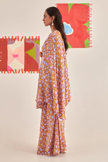 Buy_Khajoor Studio_Yellow Modal, Satin Beads, Pearls Round Floral Embroidered Asymmetric Kaftan Set _Online_at_Aza_Fashions