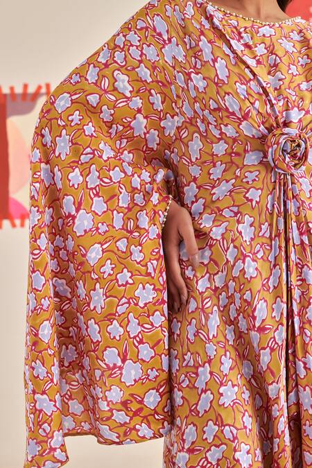 Shop_Khajoor Studio_Yellow Modal, Satin Beads, Pearls Round Floral Embroidered Asymmetric Kaftan Set _Online_at_Aza_Fashions