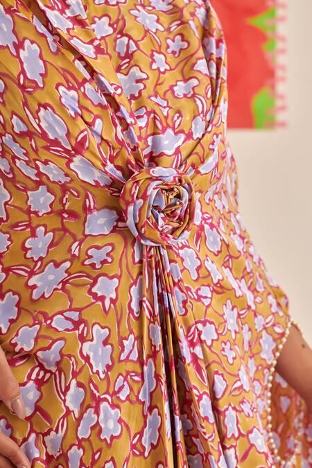 Khajoor Studio_Yellow Modal, Satin Beads, Pearls Round Floral Embroidered Asymmetric Kaftan Set _at_Aza_Fashions