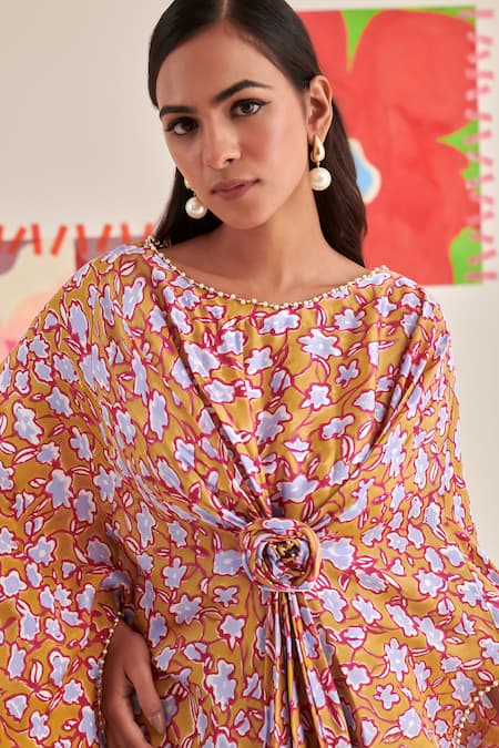 Buy_Khajoor Studio_Yellow Modal, Satin Beads, Pearls Round Floral Embroidered Asymmetric Kaftan Set 