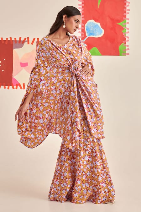 Shop_Khajoor Studio_Yellow Modal, Satin Beads, Pearls Round Floral Embroidered Asymmetric Kaftan Set 