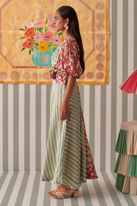 Khajoor Studio_Multi Color Modal, Satin Fabric Flowers Round Neck Floral Stripe Maxi Dress_Online_at_Aza_Fashions