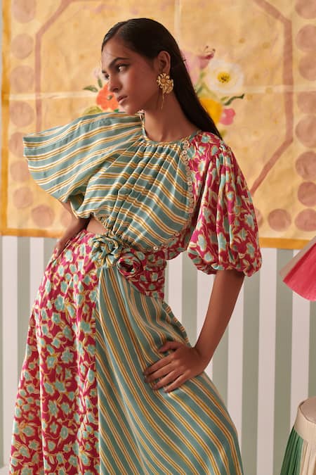 Buy_Khajoor Studio_Multi Color Modal, Satin Fabric Flowers Round Neck Floral Stripe Maxi Dress_Online_at_Aza_Fashions