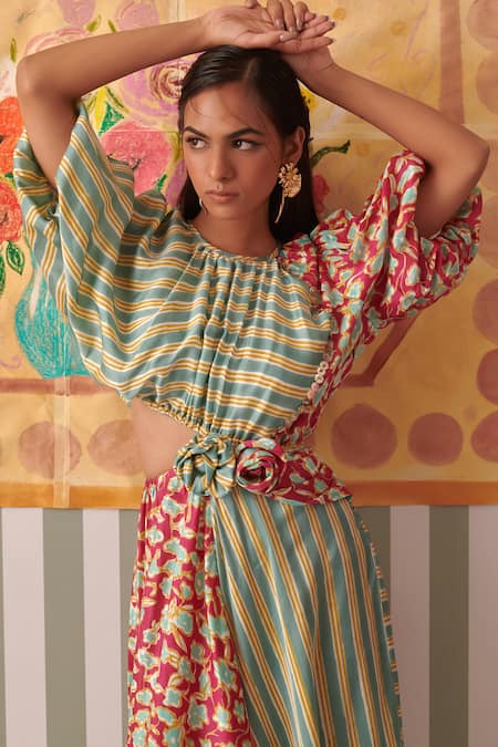 Shop_Khajoor Studio_Multi Color Modal, Satin Fabric Flowers Round Neck Floral Stripe Maxi Dress_Online_at_Aza_Fashions