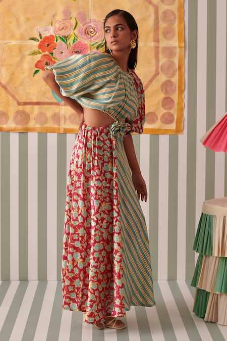Khajoor Studio_Multi Color Modal, Satin Fabric Flowers Round Neck Floral Stripe Maxi Dress_at_Aza_Fashions