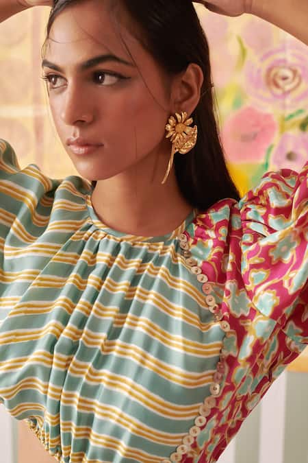 Buy_Khajoor Studio_Multi Color Modal, Satin Fabric Flowers Round Neck Floral Stripe Maxi Dress