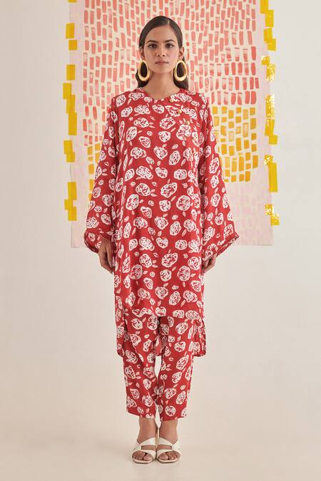 Khajoor Studio_Red Modal, Satin Beads Round Neck High Low Hem Tunic Set _Online_at_Aza_Fashions