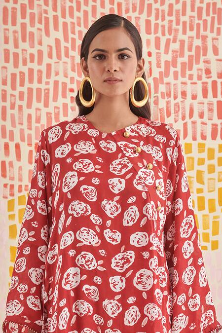 Buy_Khajoor Studio_Red Modal, Satin Beads Round Neck High Low Hem Tunic Set _Online_at_Aza_Fashions