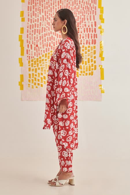 Shop_Khajoor Studio_Red Modal, Satin Beads Round Neck High Low Hem Tunic Set _Online_at_Aza_Fashions