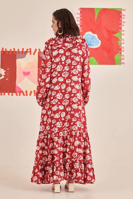 Khajoor Studio Red Hand Block Print Maxi Dress 