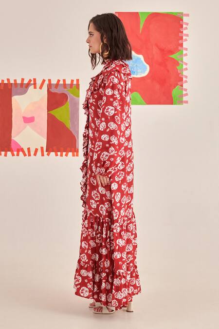 Khajoor Studio_Red Modal, Satin Ruffles V-neck Hand Block Print Maxi Dress _Online_at_Aza_Fashions