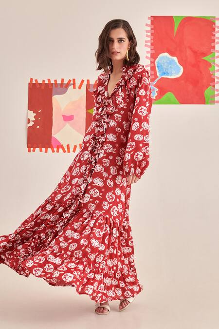 Buy_Khajoor Studio_Red Modal, Satin Ruffles V-neck Hand Block Print Maxi Dress _Online_at_Aza_Fashions