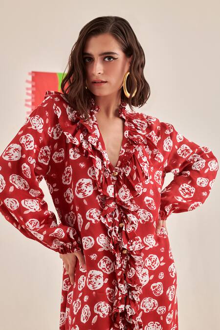 Shop_Khajoor Studio_Red Modal, Satin Ruffles V-neck Hand Block Print Maxi Dress _Online_at_Aza_Fashions